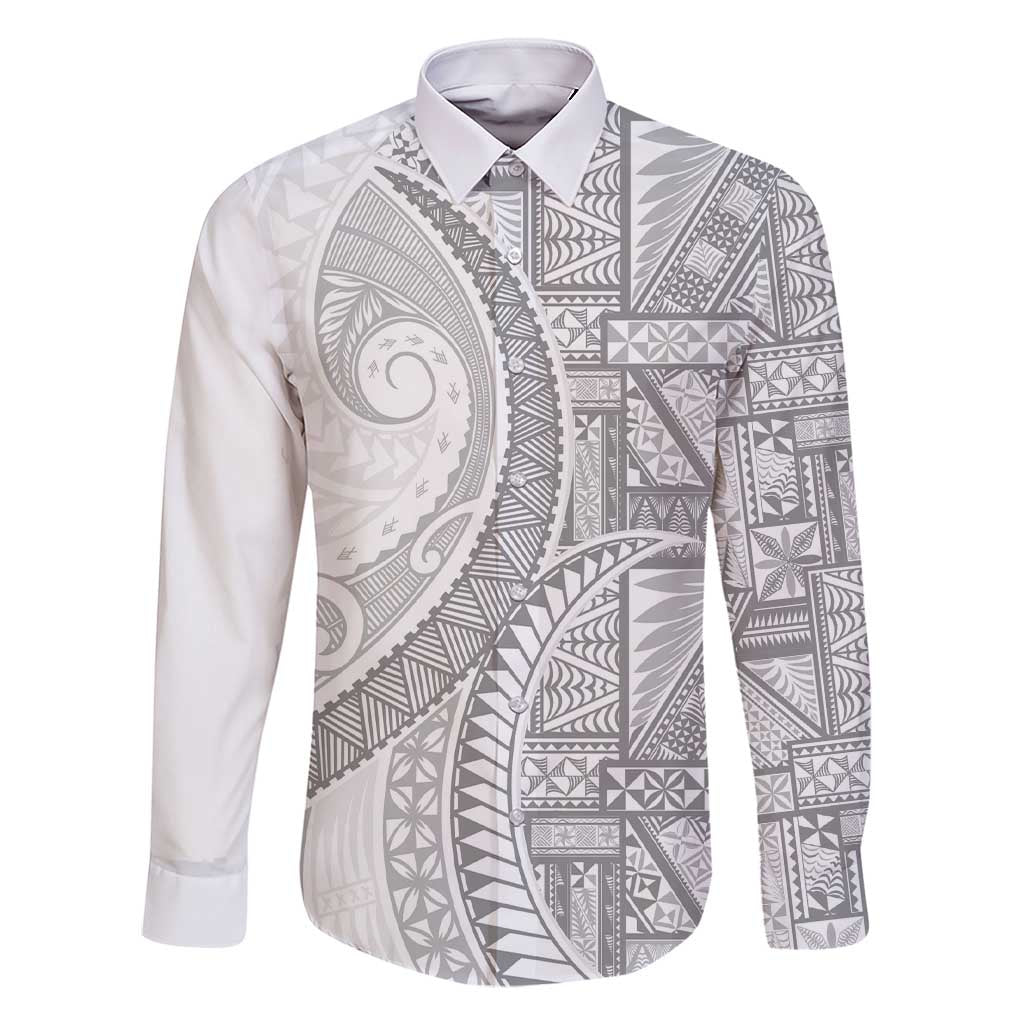 Tonga White Sunday Family Matching Short Sleeve Bodycon Dress and Hawaiian Shirt Lotu Tamaiti Ngatu Tribal LT9 Dad's Shirt - Long Sleeve White - Polynesian Pride