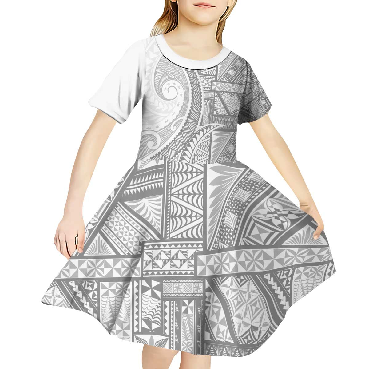 Tonga White Sunday Kid Short Sleeve Dress Lotu Tamaiti Ngatu Tribal LT9 - Polynesian Pride