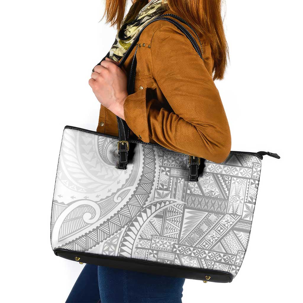 Tonga White Sunday Leather Tote Bag Lotu Tamaiti Ngatu Tribal - Polynesian Pride