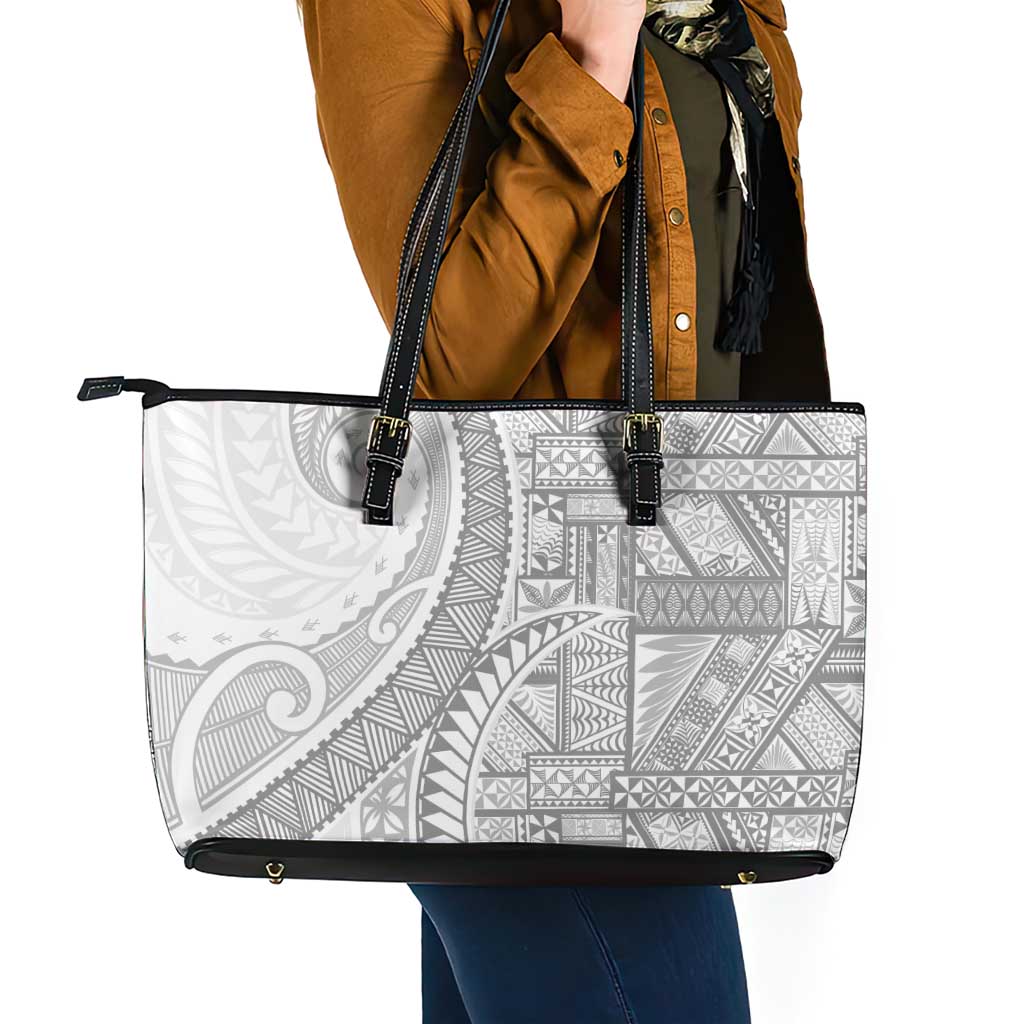 Tonga White Sunday Leather Tote Bag Lotu Tamaiti Ngatu Tribal - Polynesian Pride