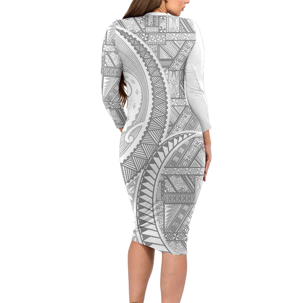 Tonga White Sunday Long Sleeve Bodycon Dress Lotu Tamaiti Ngatu Tribal LT9 - Polynesian Pride