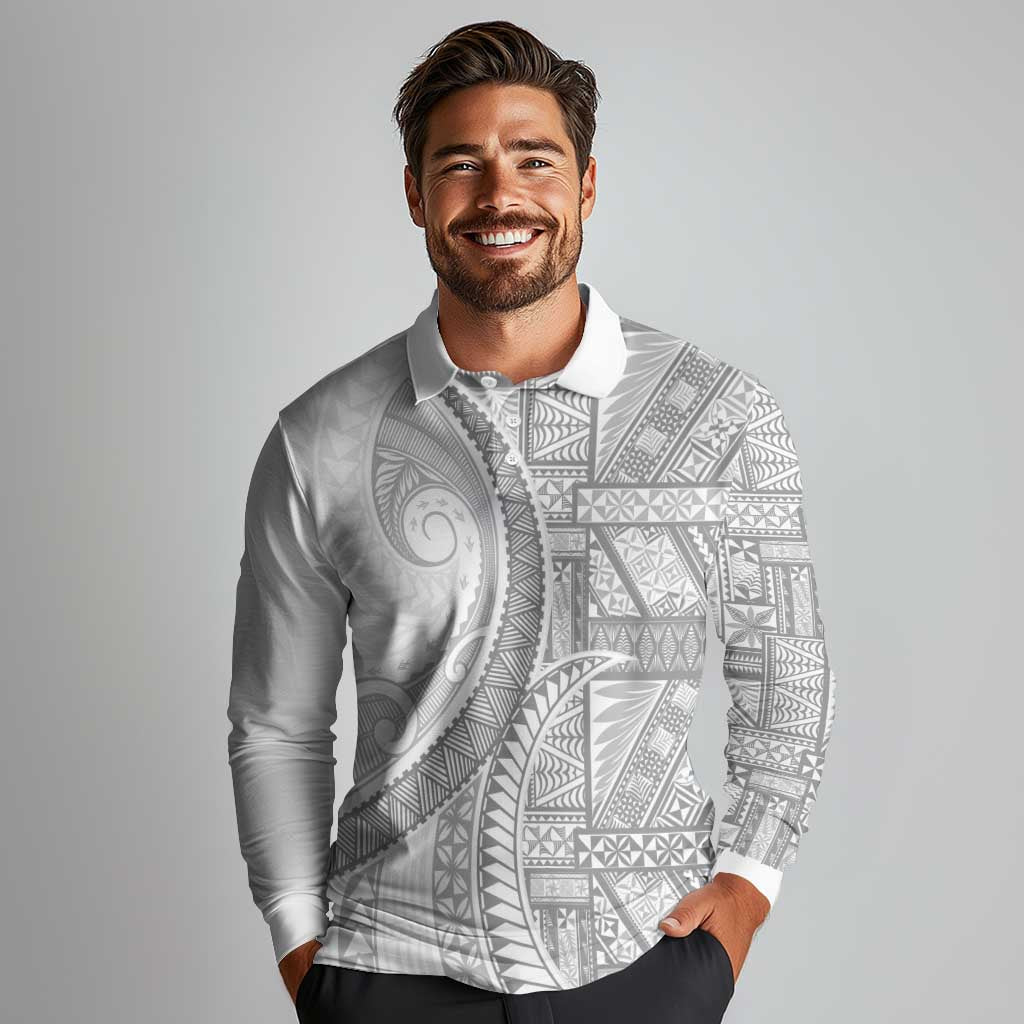 Tonga White Sunday Long Sleeve Polo Shirt Lotu Tamaiti Ngatu Tribal LT9 - Polynesian Pride