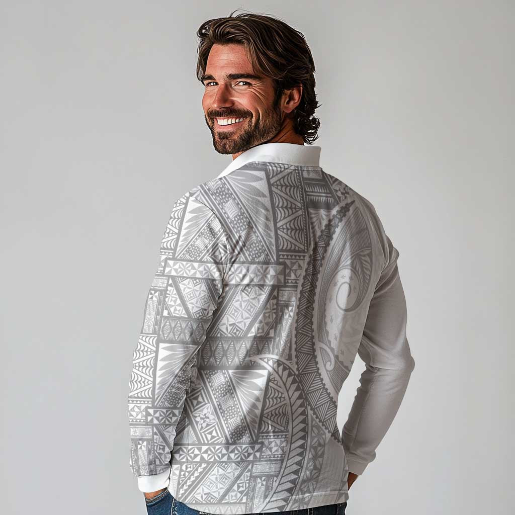 Tonga White Sunday Long Sleeve Polo Shirt Lotu Tamaiti Ngatu Tribal LT9 - Polynesian Pride