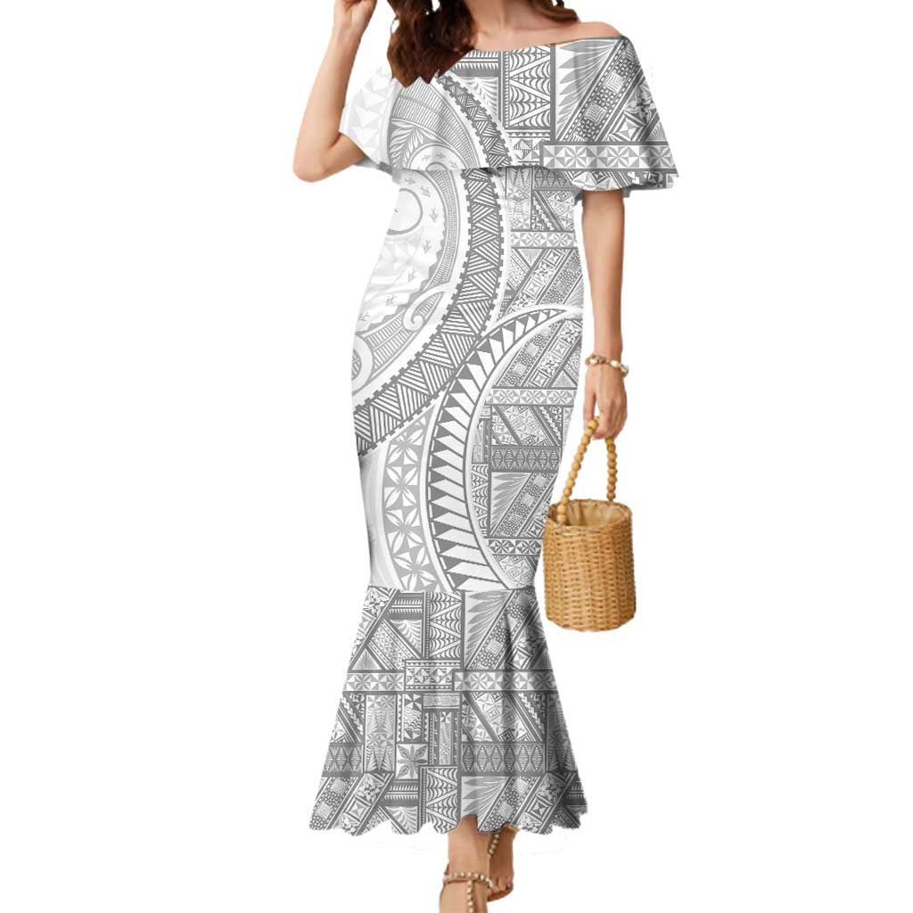 Tonga White Sunday Mermaid Dress Lotu Tamaiti Ngatu Tribal - Polynesian Pride