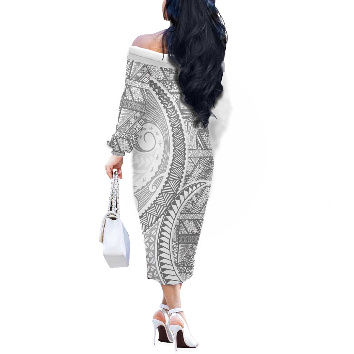 Tonga White Sunday Off The Shoulder Long Sleeve Dress Lotu Tamaiti Ngatu Tribal LT9 - Polynesian Pride
