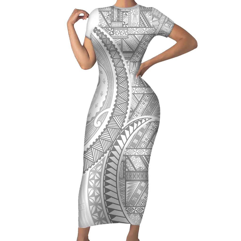 Tonga White Sunday Short Sleeve Bodycon Dress Lotu Tamaiti Ngatu Tribal LT9 Long Dress White - Polynesian Pride
