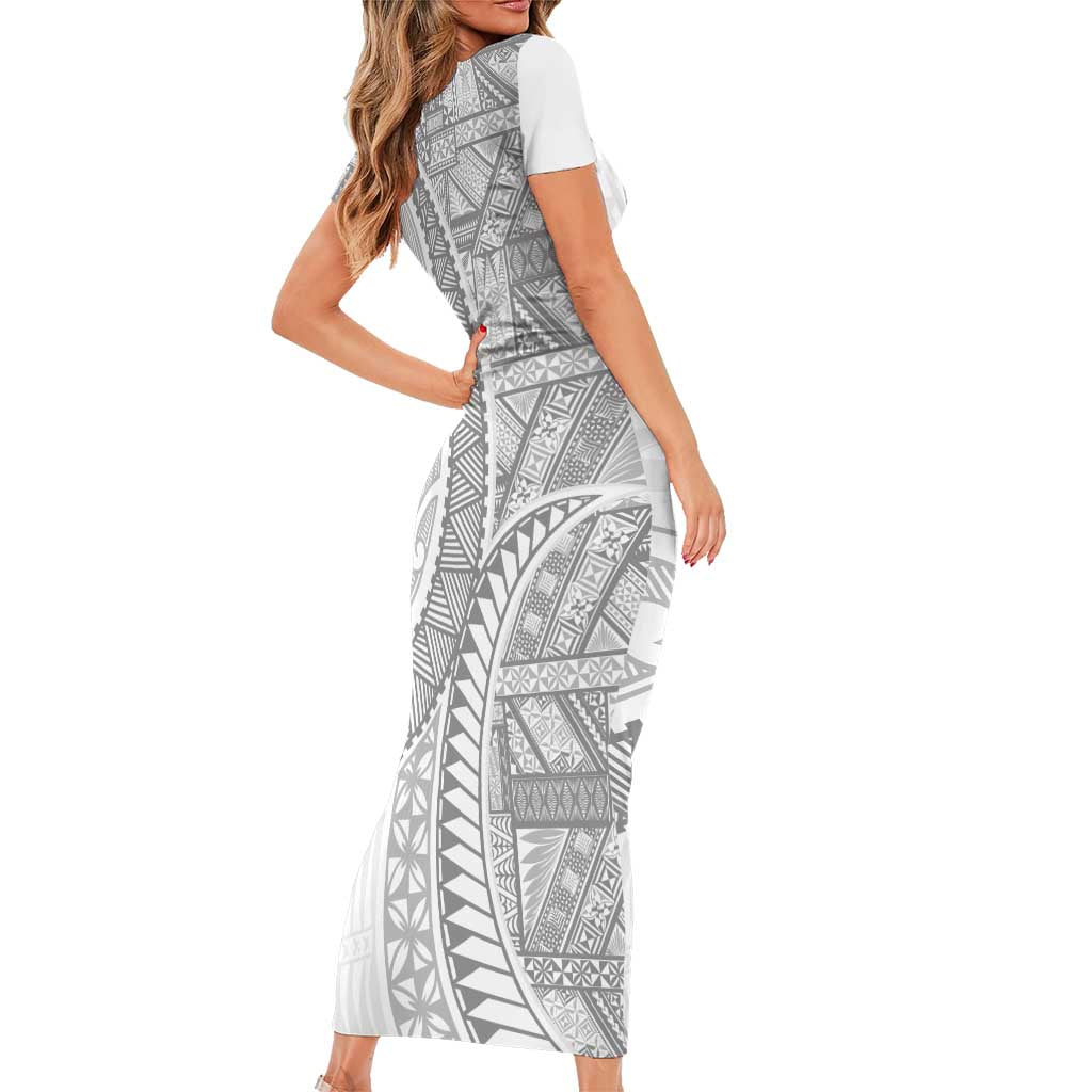 Tonga White Sunday Short Sleeve Bodycon Dress Lotu Tamaiti Ngatu Tribal LT9 - Polynesian Pride