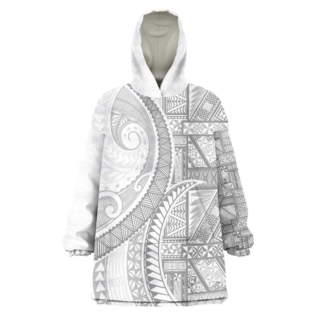 Tonga White Sunday Wearable Blanket Hoodie Lotu Tamaiti Ngatu Tribal LT9 One Size White - Polynesian Pride