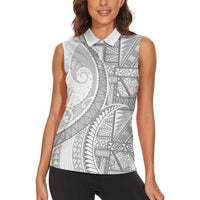 Tonga White Sunday Women Sleeveless Polo Shirt Lotu Tamaiti Ngatu Tribal LT9 - Polynesian Pride