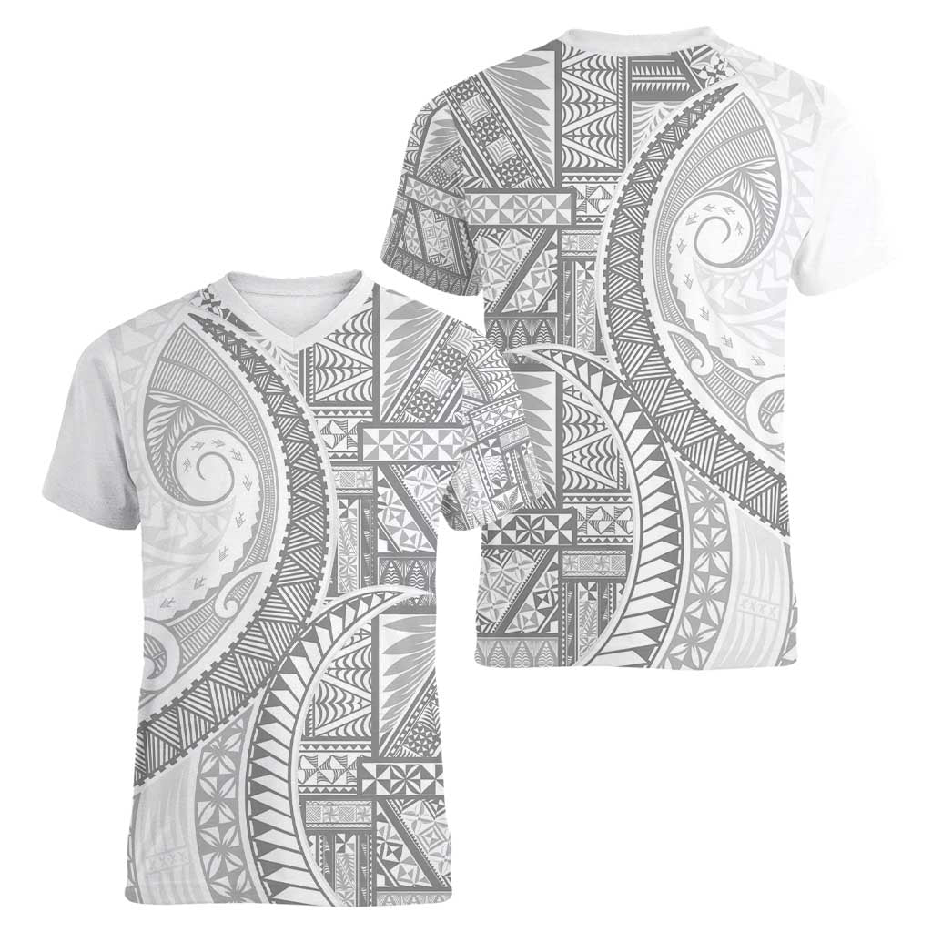 Tonga White Sunday Women V-Neck T-Shirt Lotu Tamaiti Ngatu Tribal LT9 - Polynesian Pride