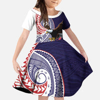 American Samoa Bald Eagle Personalized Family Matching Long Sleeve Bodycon Dress and Hawaiian Shirt Polynesian Teuila Flowers LT9 Daughter's Dress Blue - Polynesian Pride
