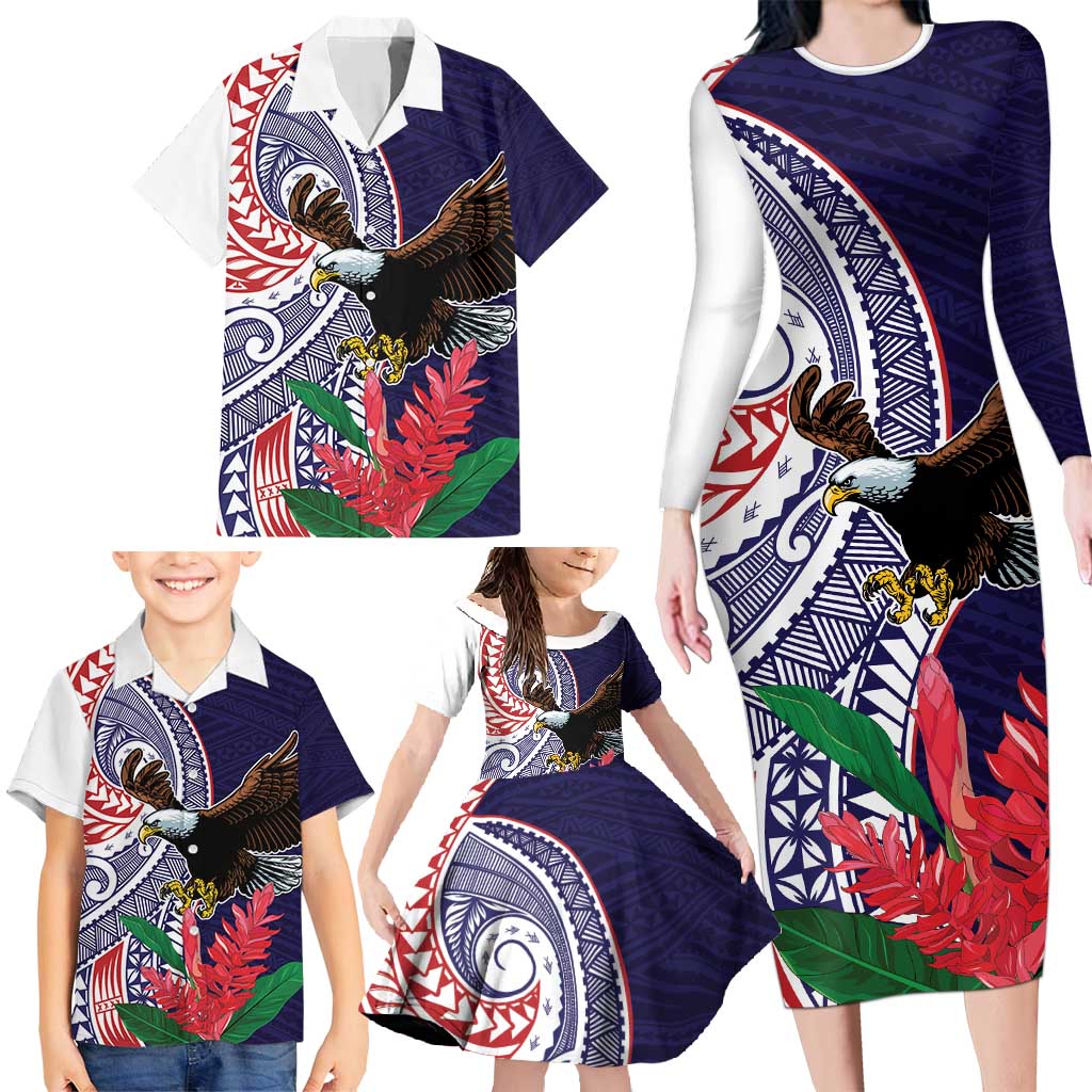 American Samoa Bald Eagle Personalized Family Matching Long Sleeve Bodycon Dress and Hawaiian Shirt Polynesian Teuila Flowers LT9 - Polynesian Pride