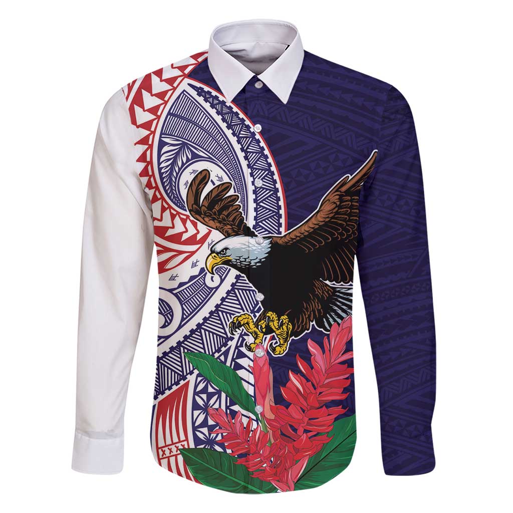 American Samoa Bald Eagle Personalized Family Matching Long Sleeve Bodycon Dress and Hawaiian Shirt Polynesian Teuila Flowers LT9 Dad's Shirt - Long Sleeve Blue - Polynesian Pride