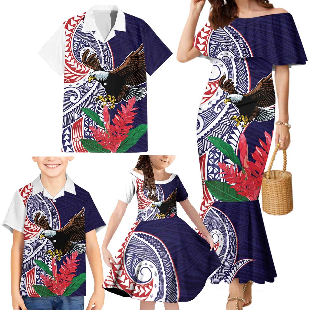 American Samoa Bald Eagle Personalized Family Matching Mermaid Dress and Hawaiian Shirt Polynesian Teuila Flowers LT9 - Polynesian Pride