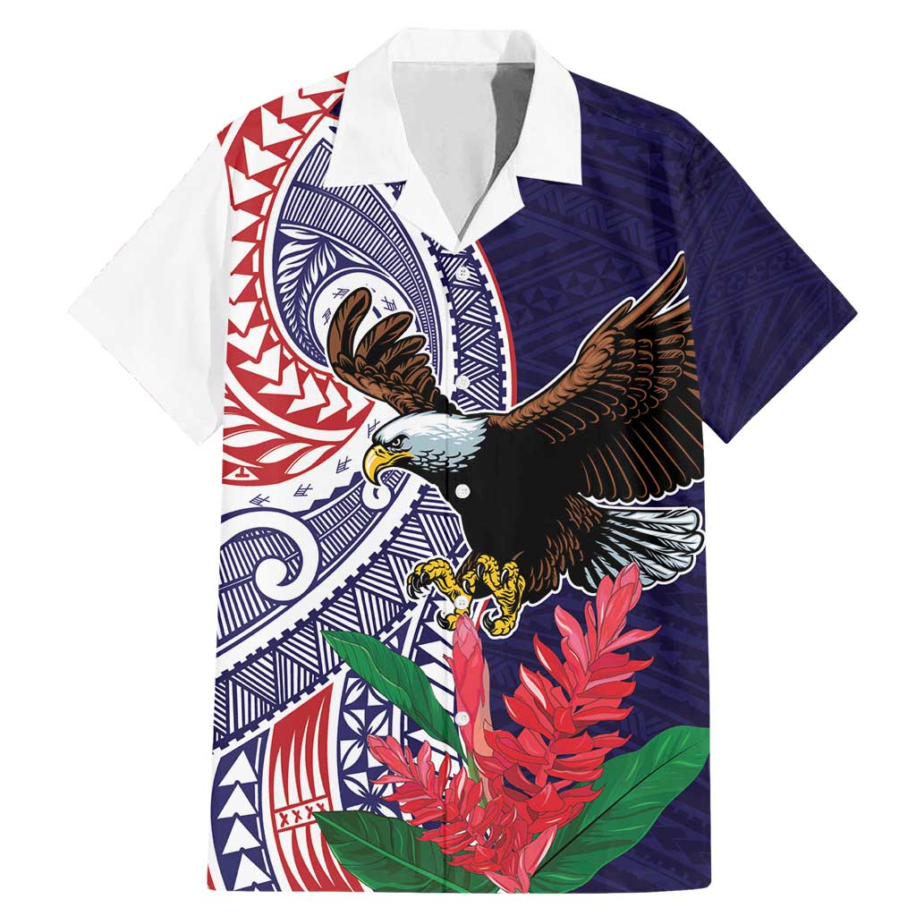 American Samoa Bald Eagle Personalized Family Matching Mermaid Dress and Hawaiian Shirt Polynesian Teuila Flowers LT9 Dad's Shirt - Short Sleeve Blue - Polynesian Pride
