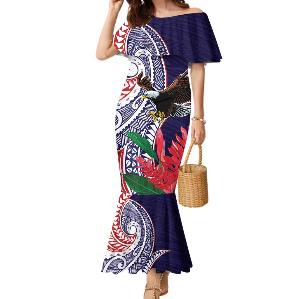 American Samoa Bald Eagle Personalized Family Matching Mermaid Dress and Hawaiian Shirt Polynesian Teuila Flowers LT9 Mom's Dress Blue - Polynesian Pride