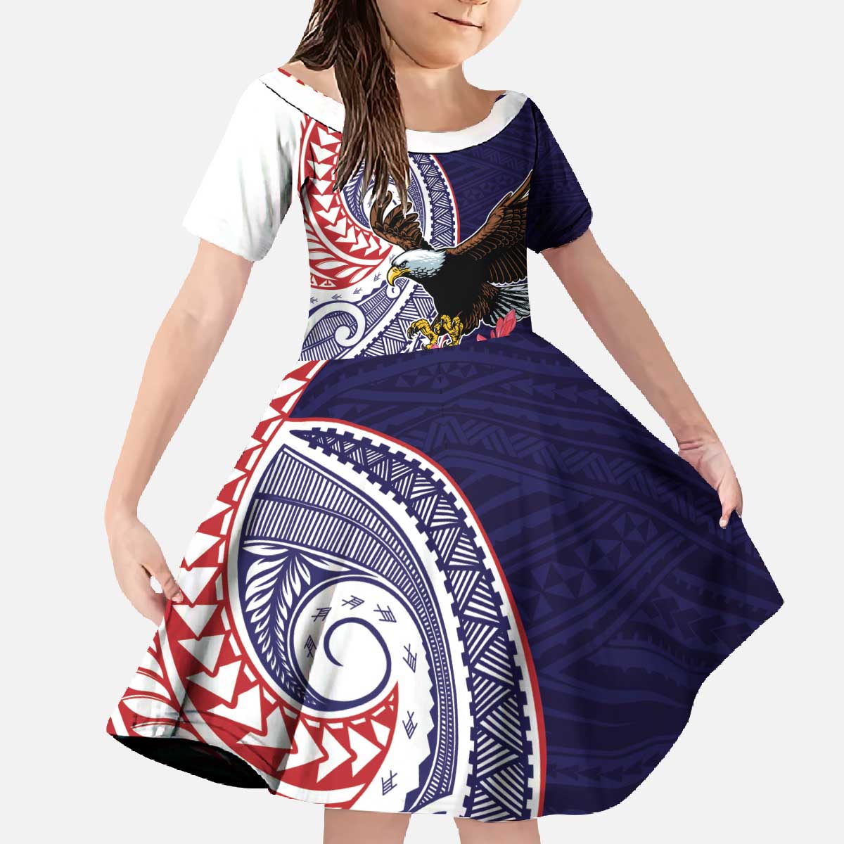 American Samoa Bald Eagle Personalized Family Matching Off The Shoulder Long Sleeve Dress and Hawaiian Shirt Polynesian Teuila Flowers LT9 Daughter's Dress Blue - Polynesian Pride