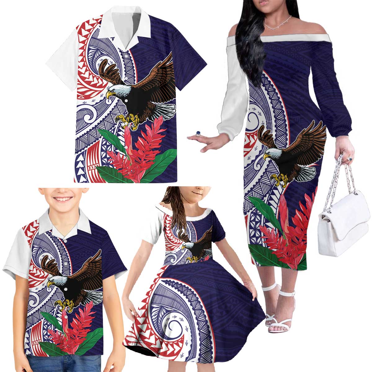 American Samoa Bald Eagle Personalized Family Matching Off The Shoulder Long Sleeve Dress and Hawaiian Shirt Polynesian Teuila Flowers LT9 - Polynesian Pride