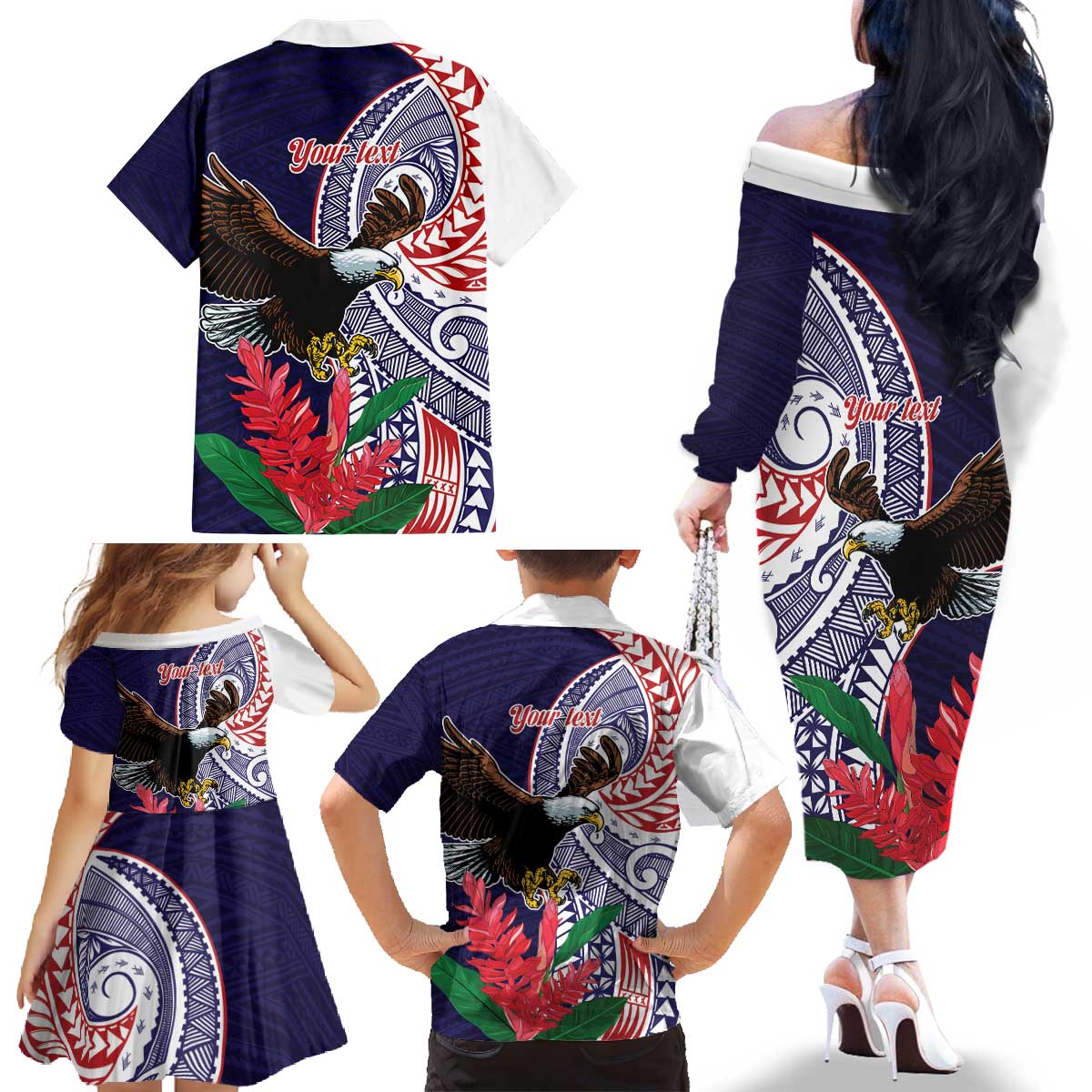 American Samoa Bald Eagle Personalized Family Matching Off The Shoulder Long Sleeve Dress and Hawaiian Shirt Polynesian Teuila Flowers LT9 - Polynesian Pride