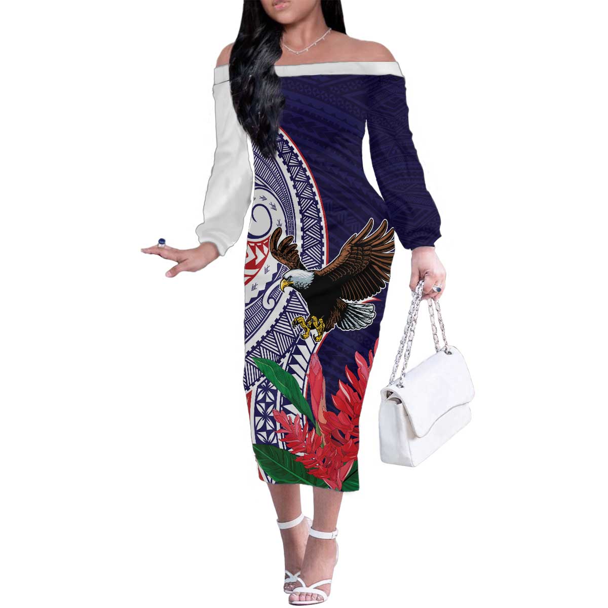 American Samoa Bald Eagle Personalized Family Matching Off The Shoulder Long Sleeve Dress and Hawaiian Shirt Polynesian Teuila Flowers LT9 Mom's Dress Blue - Polynesian Pride