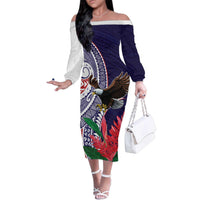 American Samoa Bald Eagle Personalized Family Matching Off The Shoulder Long Sleeve Dress and Hawaiian Shirt Polynesian Teuila Flowers LT9 Mom's Dress Blue - Polynesian Pride