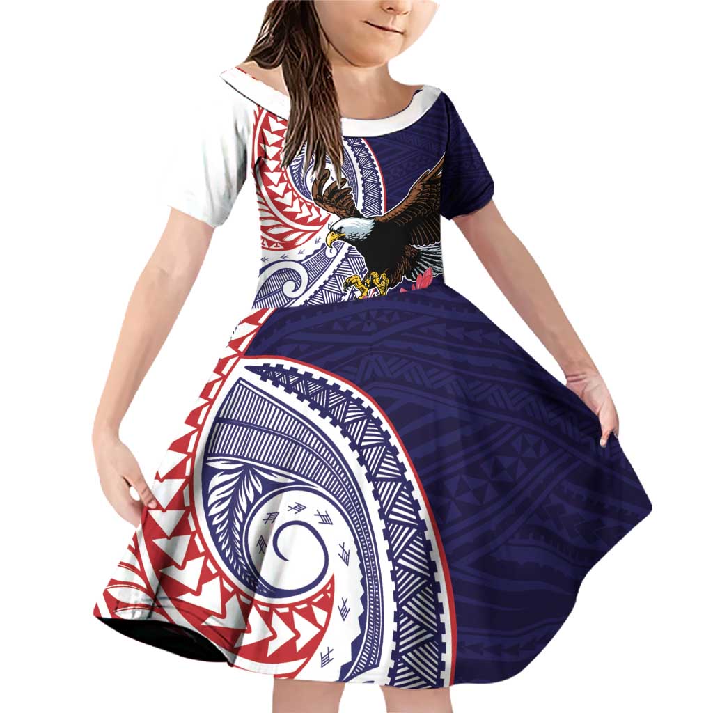 American Samoa Bald Eagle Personalized Family Matching Off Shoulder Short Dress and Hawaiian Shirt Polynesian Teuila Flowers LT9 Daughter's Dress Blue - Polynesian Pride