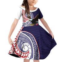 American Samoa Bald Eagle Personalized Family Matching Off Shoulder Short Dress and Hawaiian Shirt Polynesian Teuila Flowers LT9 Daughter's Dress Blue - Polynesian Pride
