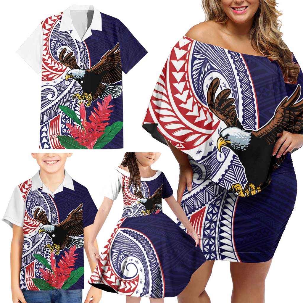 American Samoa Bald Eagle Personalized Family Matching Off Shoulder Short Dress and Hawaiian Shirt Polynesian Teuila Flowers LT9 - Polynesian Pride