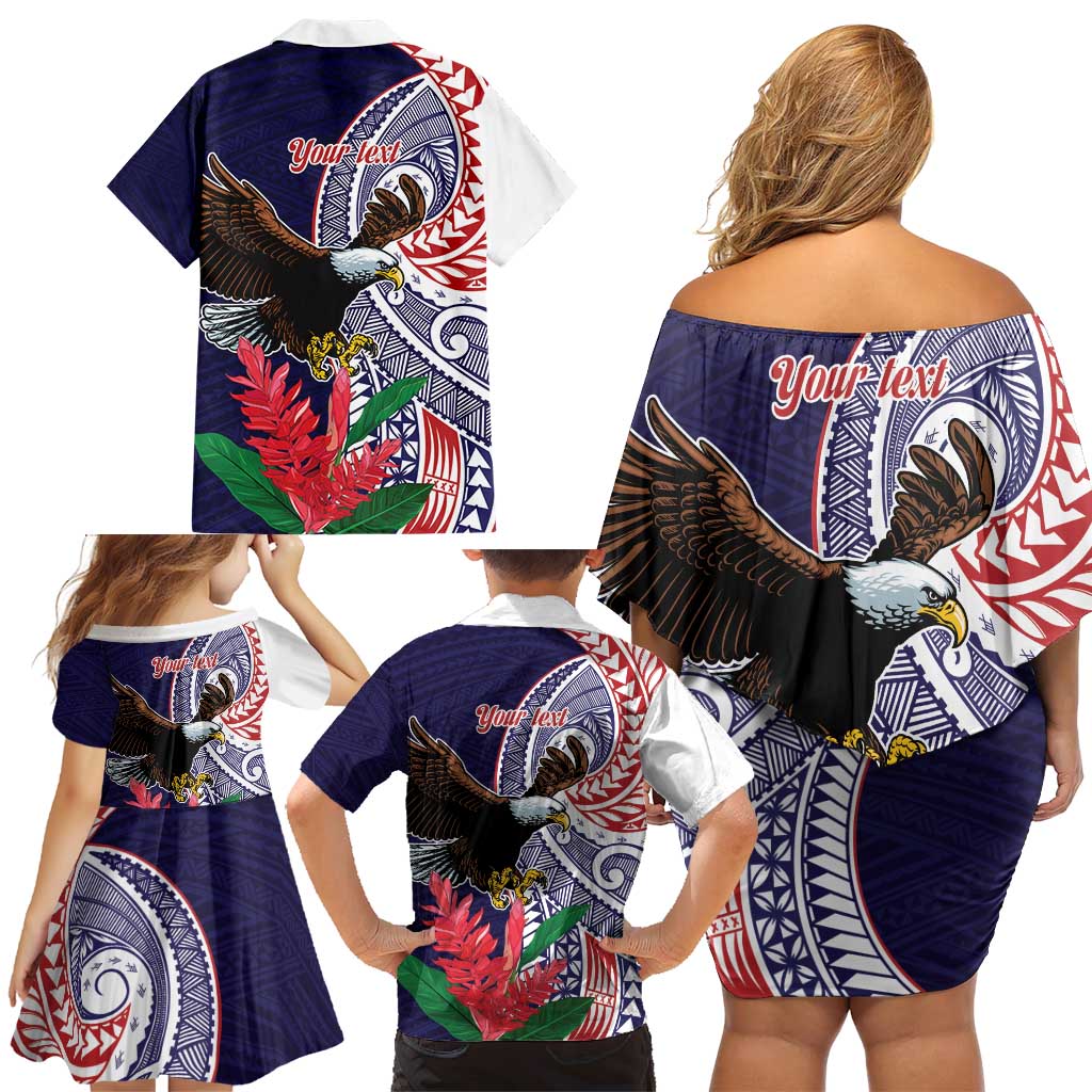 American Samoa Bald Eagle Personalized Family Matching Off Shoulder Short Dress and Hawaiian Shirt Polynesian Teuila Flowers LT9 - Polynesian Pride