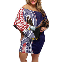 American Samoa Bald Eagle Personalized Family Matching Off Shoulder Short Dress and Hawaiian Shirt Polynesian Teuila Flowers LT9 Mom's Dress Blue - Polynesian Pride