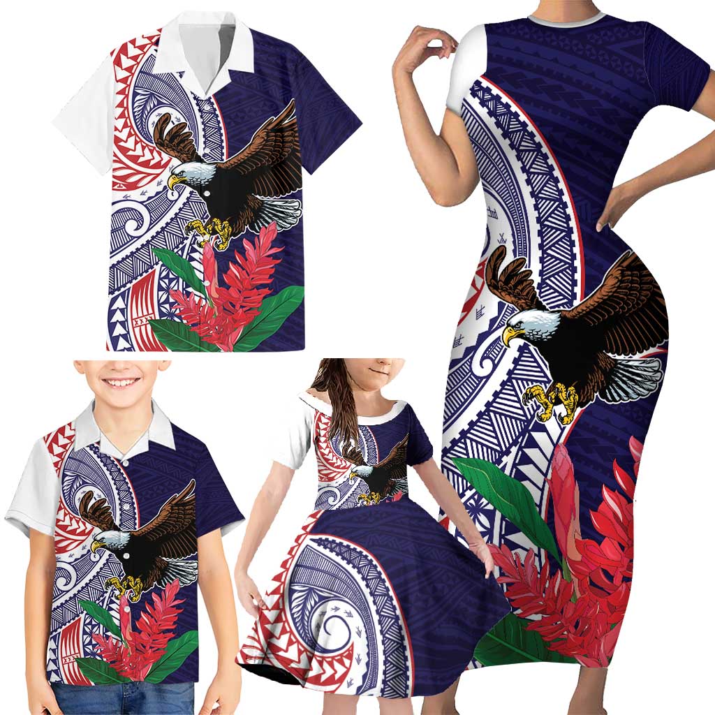 American Samoa Bald Eagle Personalized Family Matching Short Sleeve Bodycon Dress and Hawaiian Shirt Polynesian Teuila Flowers LT9 - Polynesian Pride