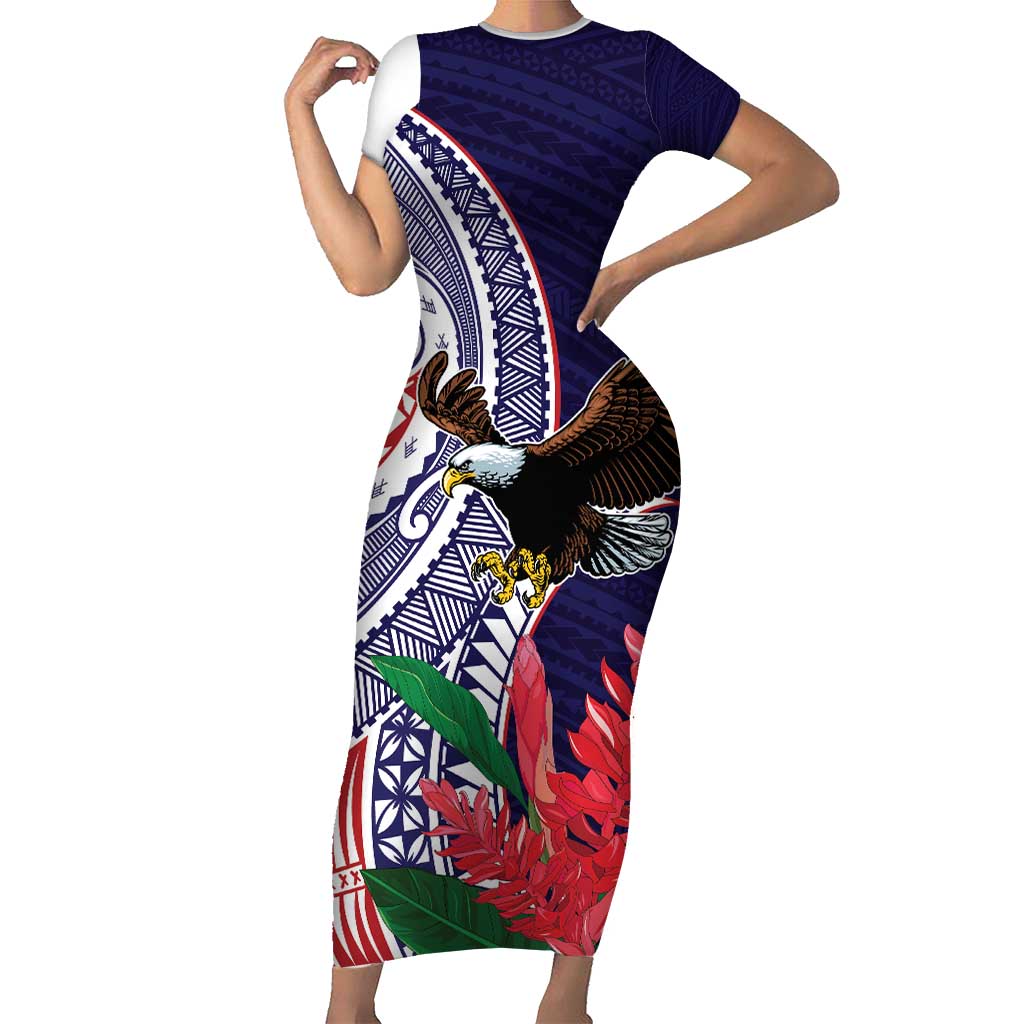 American Samoa Bald Eagle Personalized Family Matching Short Sleeve Bodycon Dress and Hawaiian Shirt Polynesian Teuila Flowers LT9 Mom's Dress Blue - Polynesian Pride