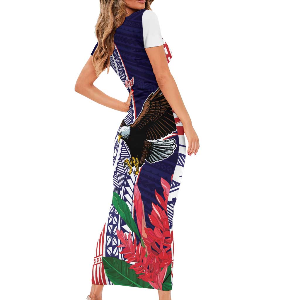 American Samoa Bald Eagle Personalized Family Matching Short Sleeve Bodycon Dress and Hawaiian Shirt Polynesian Teuila Flowers LT9 - Polynesian Pride