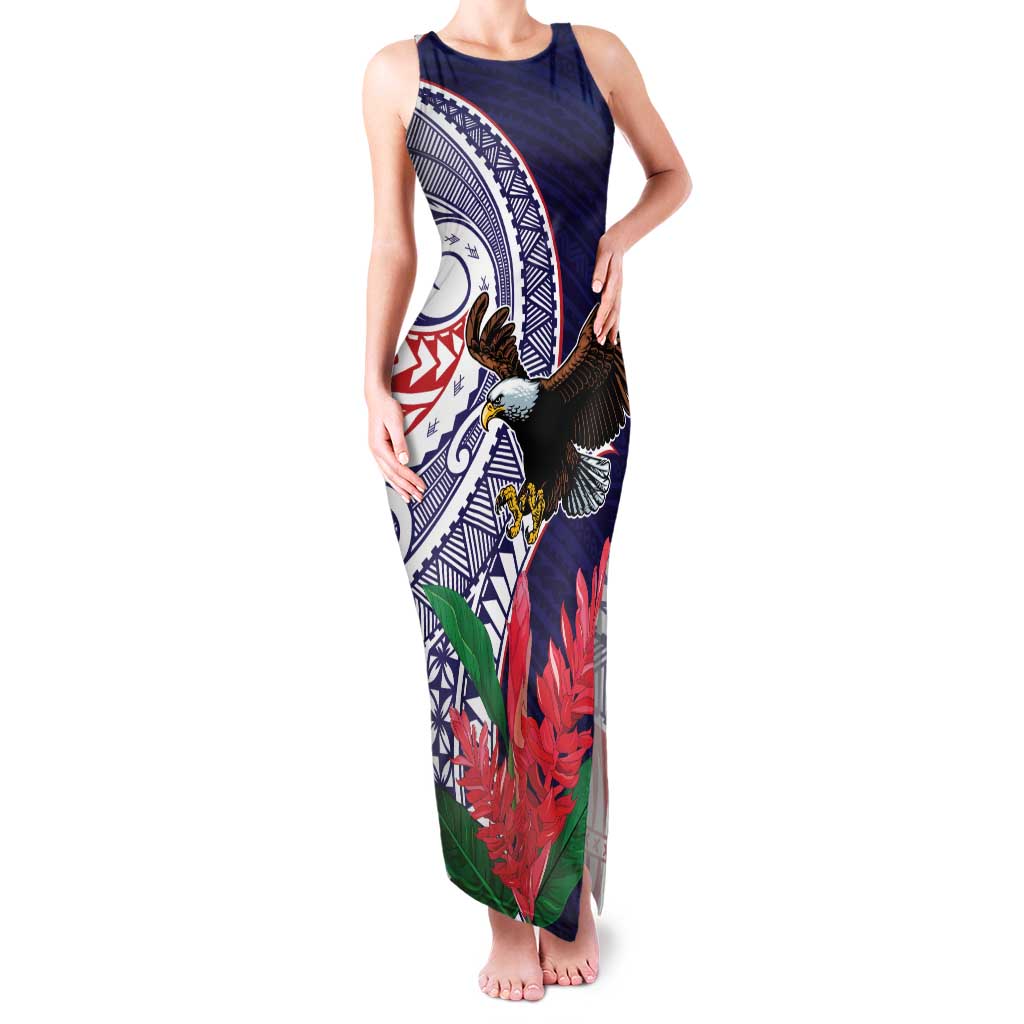 American Samoa Bald Eagle Personalized Family Matching Tank Maxi Dress and Hawaiian Shirt Polynesian Teuila Flowers LT9 Mom's Dress Blue - Polynesian Pride