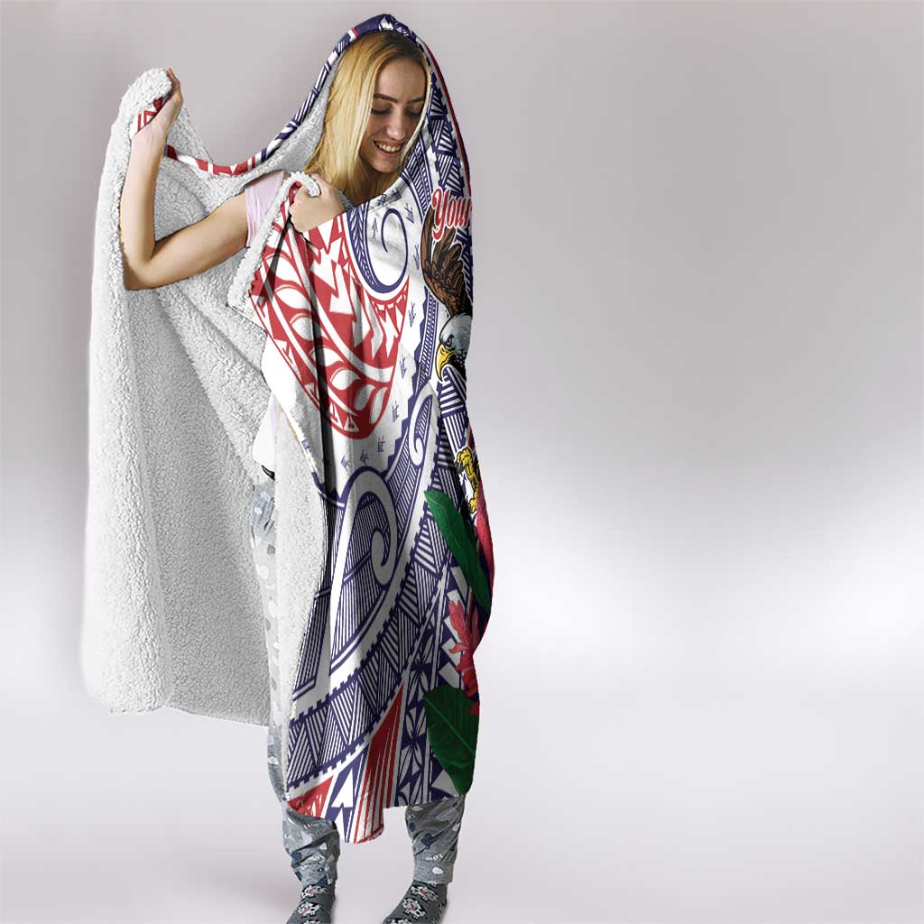 American Samoa Bald Eagle Personalized Hooded Blanket Polynesian Teuila Flowers - Polynesian Pride