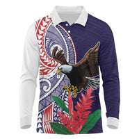 American Samoa Bald Eagle Personalized Long Sleeve Polo Shirt Polynesian Teuila Flowers LT9 Blue - Polynesian Pride