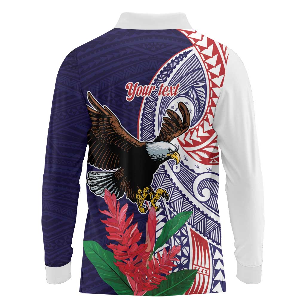 American Samoa Bald Eagle Personalized Long Sleeve Polo Shirt Polynesian Teuila Flowers LT9 - Polynesian Pride