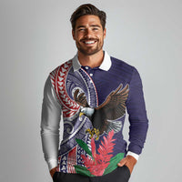 American Samoa Bald Eagle Personalized Long Sleeve Polo Shirt Polynesian Teuila Flowers LT9 - Polynesian Pride