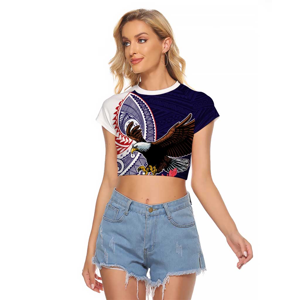 American Samoa Bald Eagle Personalized Raglan Cropped T Shirt Polynesian Teuila Flowers - Polynesian Pride