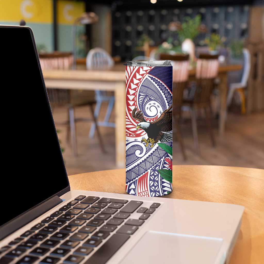 American Samoa Bald Eagle Personalized Skinny Tumbler Polynesian Teuila Flowers - Polynesian Pride