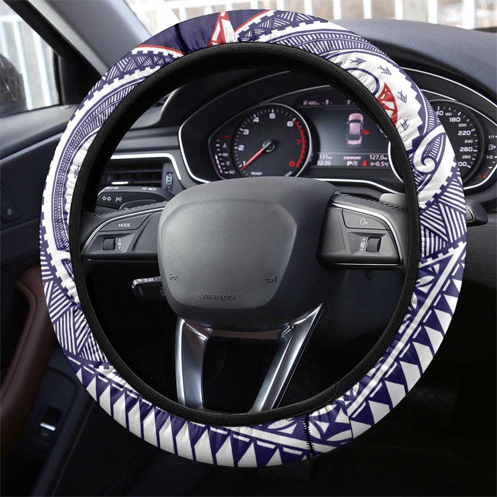 American Samoa Bald Eagle Steering Wheel Cover Polynesian Teuila Flowers - Polynesian Pride