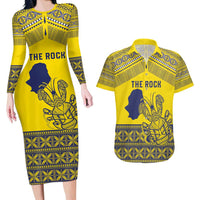 Niue Crab Personalised Couples Matching Long Sleeve Bodycon Dress and Hawaiian Shirt Niuean Hiapo Pattern LT9 Gold - Polynesian Pride