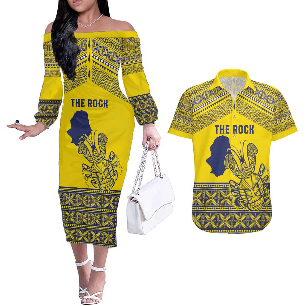 Niue Crab Personalised Couples Matching Off The Shoulder Long Sleeve Dress and Hawaiian Shirt Niuean Hiapo Pattern LT9 Gold - Polynesian Pride