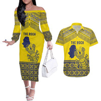 Niue Crab Personalised Couples Matching Off The Shoulder Long Sleeve Dress and Hawaiian Shirt Niuean Hiapo Pattern LT9 Gold - Polynesian Pride
