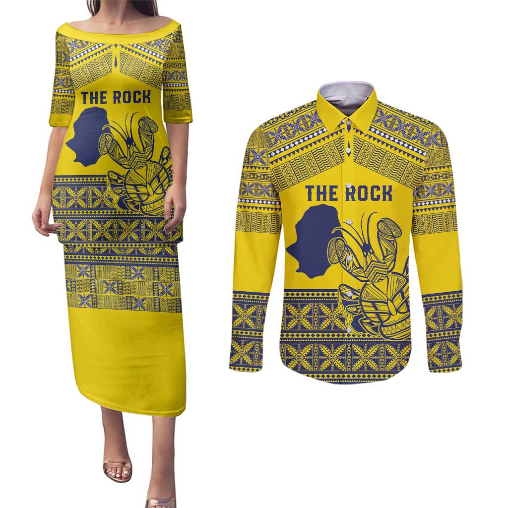Niue Crab Personalised Couples Matching Puletasi and Long Sleeve Button Shirt Niuean Hiapo Pattern LT9 Gold - Polynesian Pride