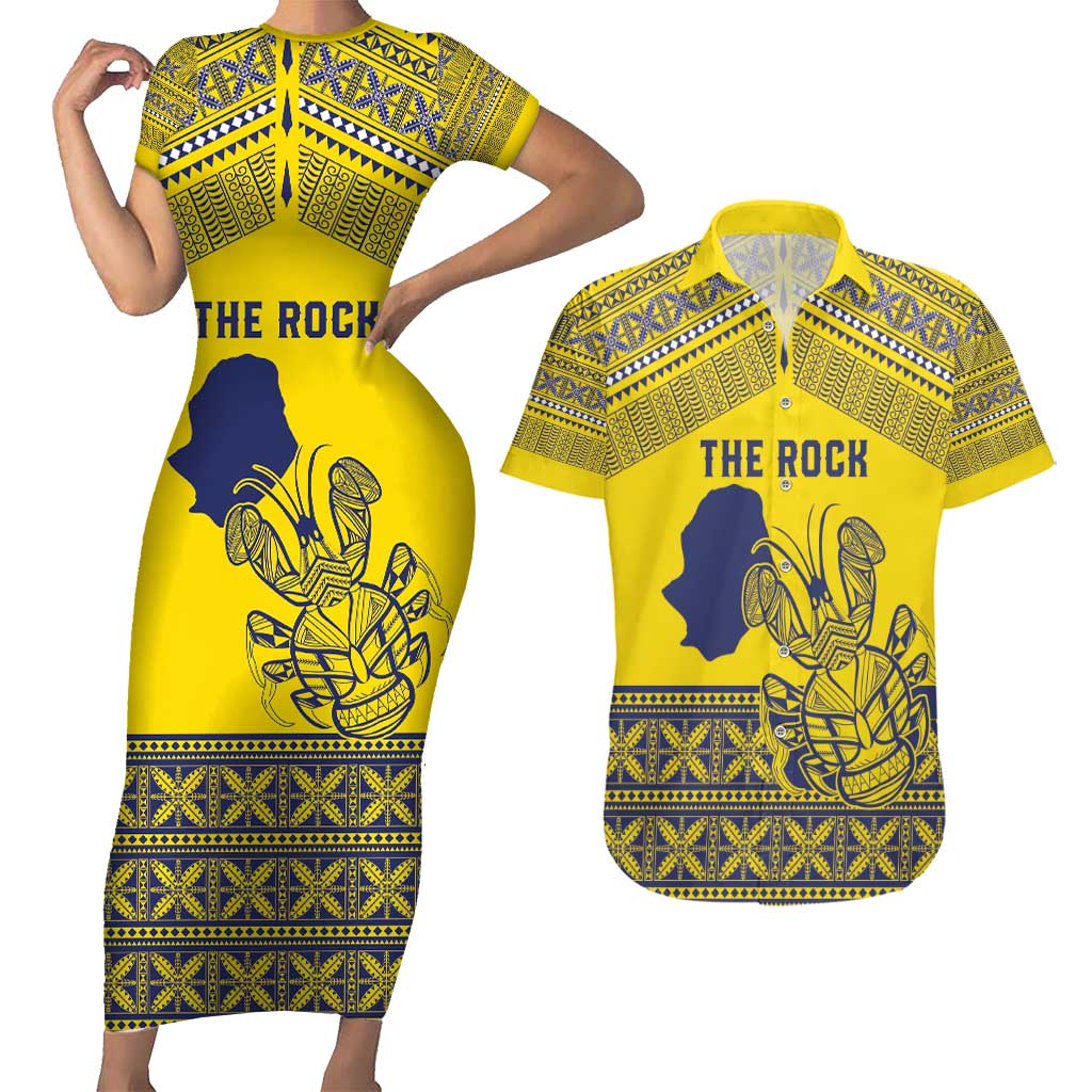 Niue Crab Personalised Couples Matching Short Sleeve Bodycon Dress and Hawaiian Shirt Niuean Hiapo Pattern LT9 Gold - Polynesian Pride