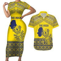 Niue Crab Personalised Couples Matching Short Sleeve Bodycon Dress and Hawaiian Shirt Niuean Hiapo Pattern LT9 Gold - Polynesian Pride