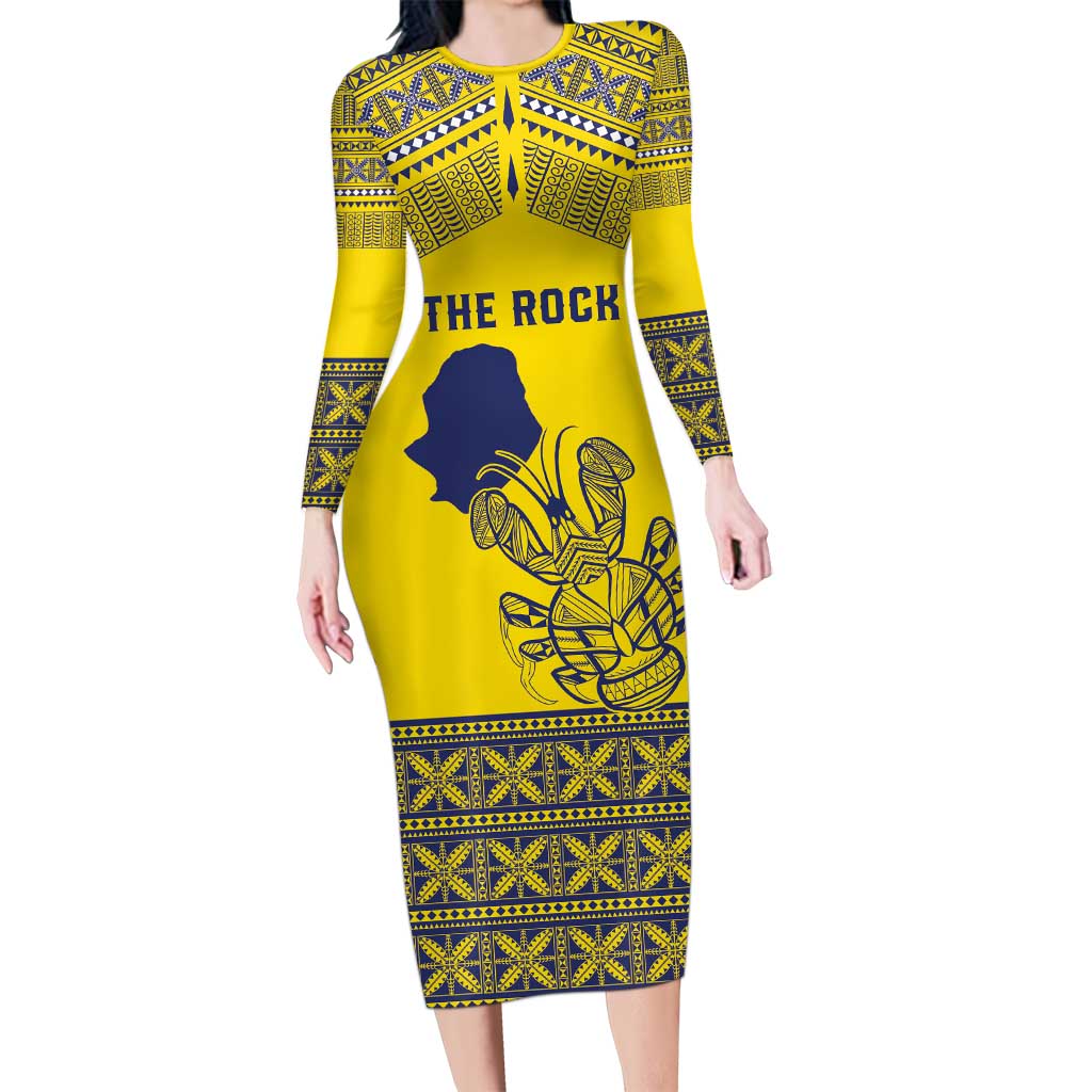 Niue Crab Personalised Family Matching Long Sleeve Bodycon Dress and Hawaiian Shirt Niuean Hiapo Pattern LT9 Mom's Dress Gold - Polynesian Pride