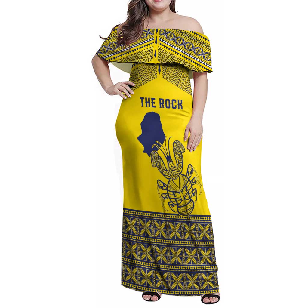 Niue Crab Personalised Family Matching Off Shoulder Maxi Dress and Hawaiian Shirt Niuean Hiapo Pattern LT9 Mom's Dress Gold - Polynesian Pride