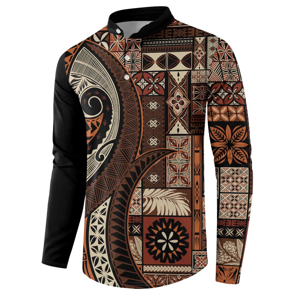 Vintage Samoa Siapo Mamanu Button Sweatshirt Brown Samoan Tapa Motif LT9 - Polynesian Pride